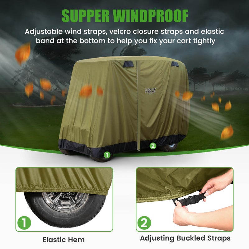 10L0L Universal Golf Cart Covers for Yamaha,Club Car, EZGO, Waterproof 2/4 Passenger Heavy Duty Golf Cart Rain Covers Extended Roof with 3 Zipper Doors (Green) - Image 5